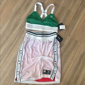 Champion Green Bra and Pink Skirt Set